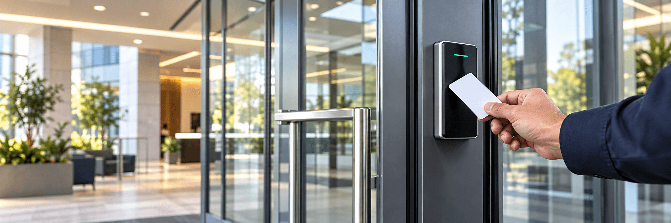 Electronic access card reader at a commercial entrance